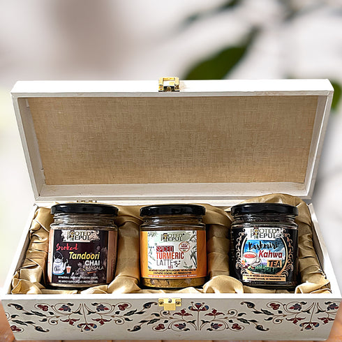 Rooted Peepul Gift Box Smoked Tandoori Chai Masala | Spiced Turmeric Latte & Kashmiri Kahwa Tea